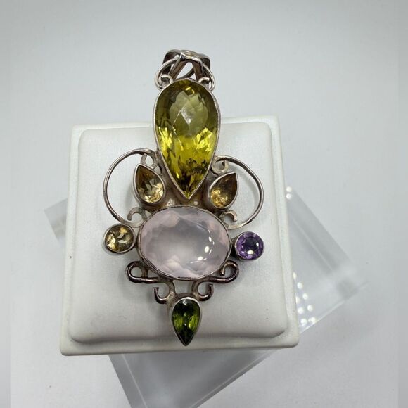 Jewelry - 2.5" long, faceted multi-gemstone and sterling silver pendant!